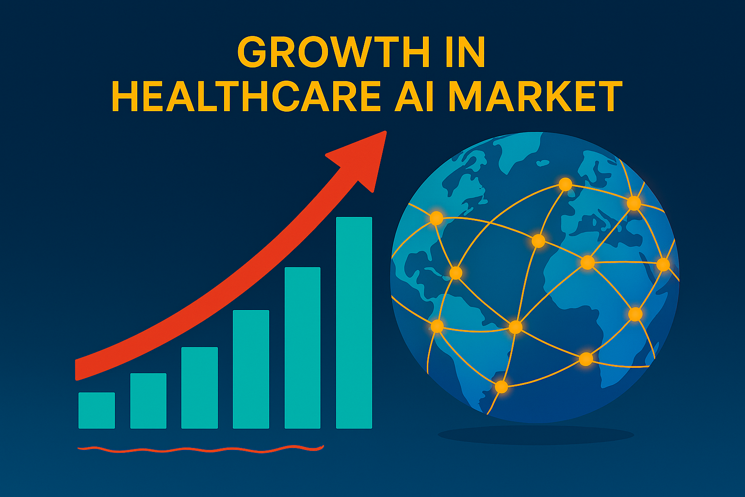 Image representing growth in the healthcare AI market with charts and global network graphics